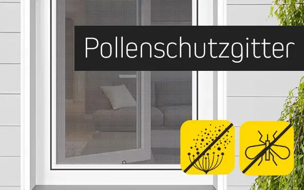 Fenster mit Pollenschutzgitter und Symbolen gegen Pollen und Insekten