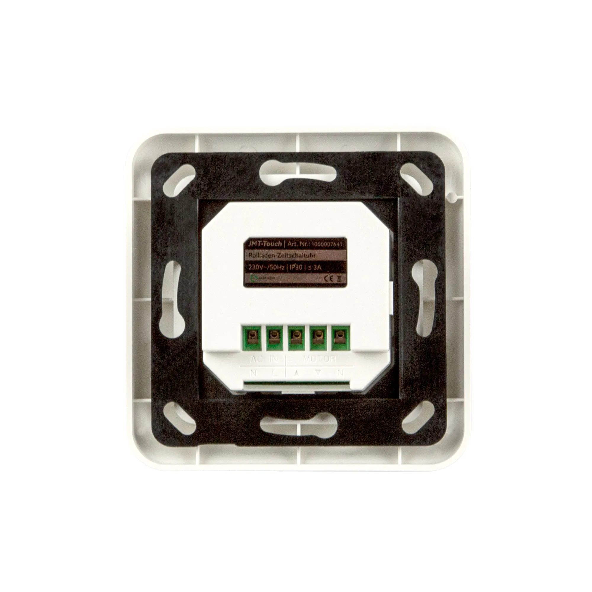 Timer con display touch e morsetti di connessione, forma quadrata, vista posteriore