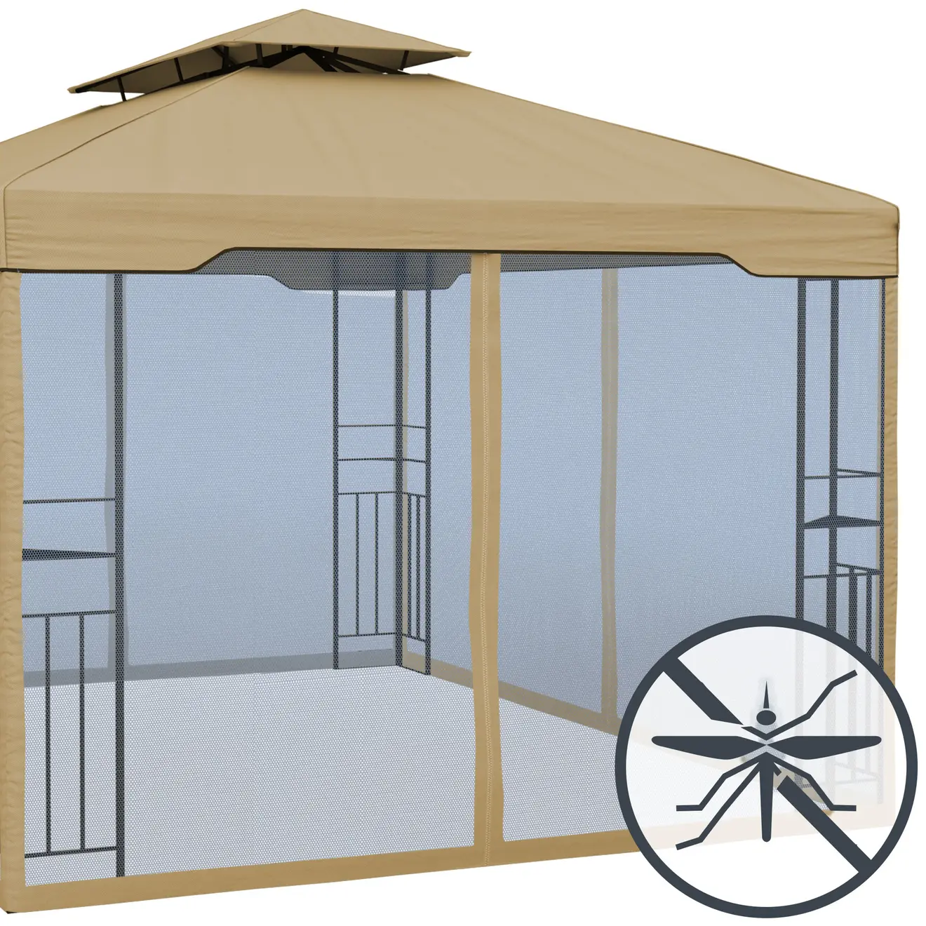 Gartenpavillon mit Moskitonetzen und Symbol für Insektenschutz