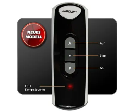 Telecomando con display e tasti per selezione canale, su, stop, giù