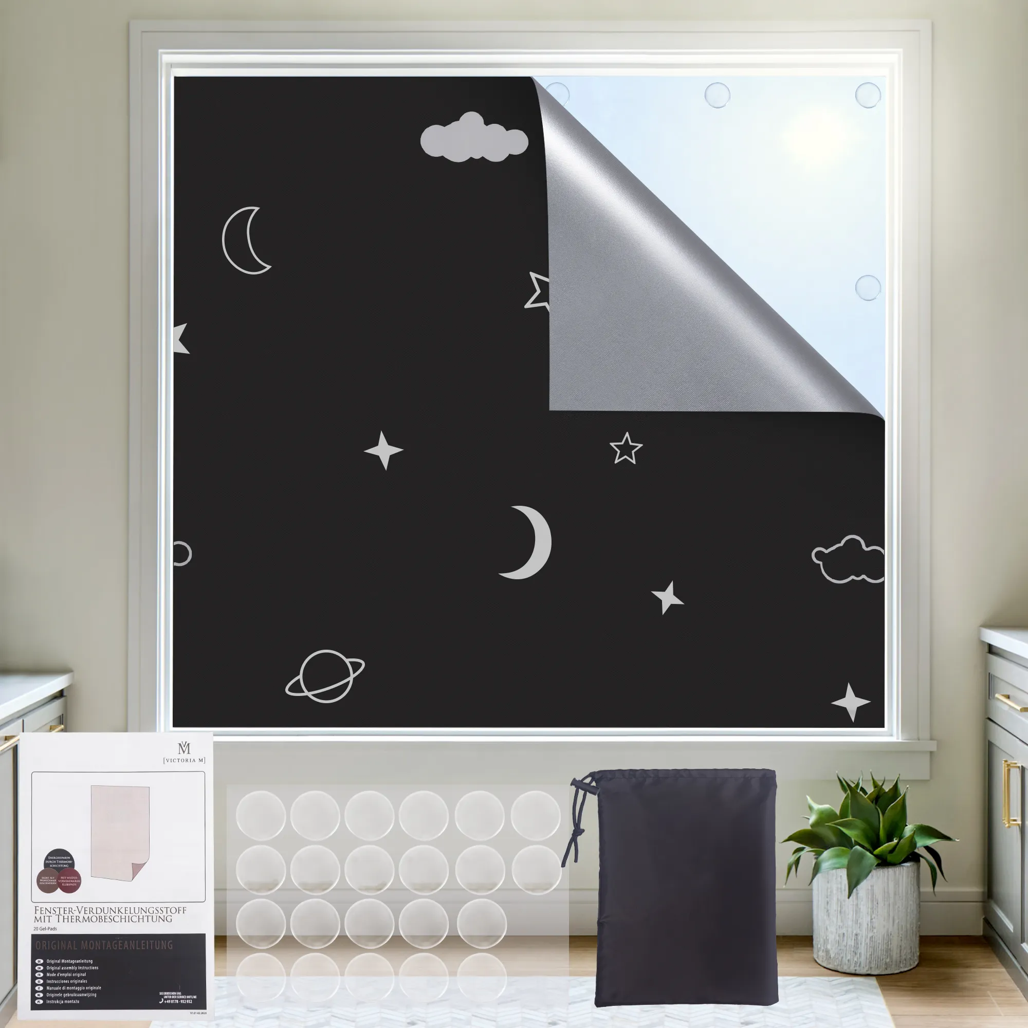 Fenster-Verdunkelungsstoff mit Thermobeschichtung | 22 Gel-Klebepads, 130 x 300 cm, sternenhimmel