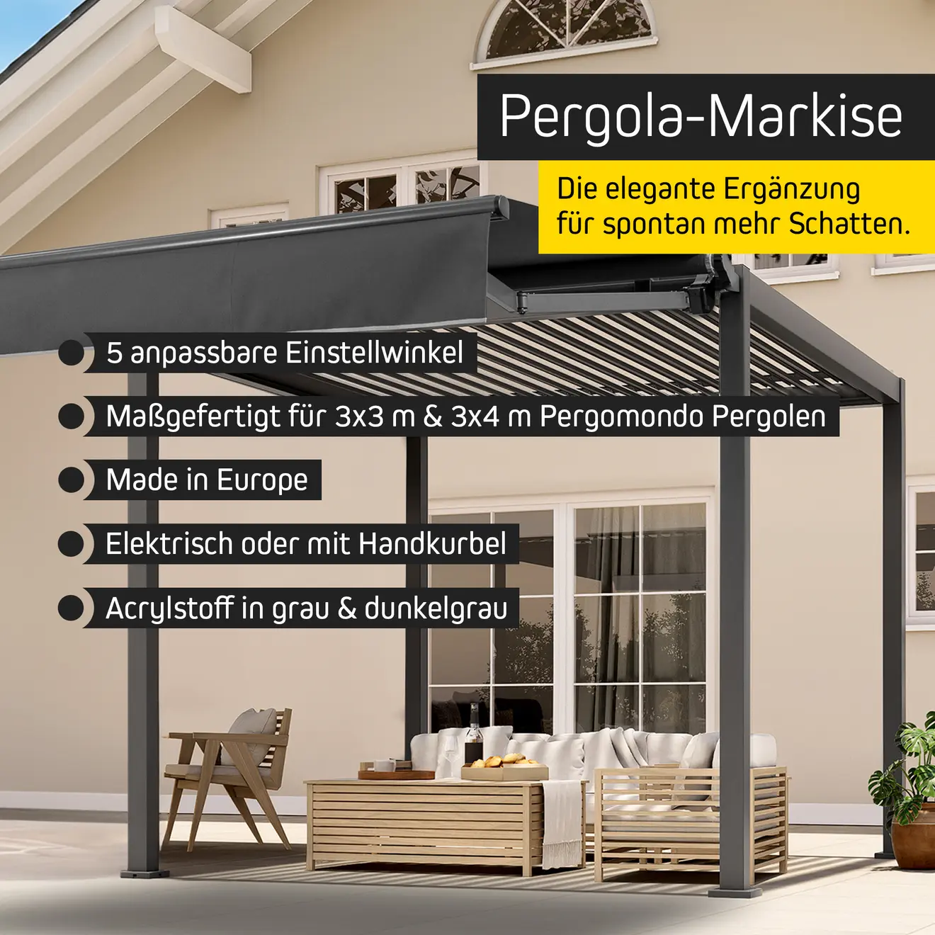 Markise für Pergola mit Lamellendach, verstellbar, elektrisch oder manuell, für Schatten