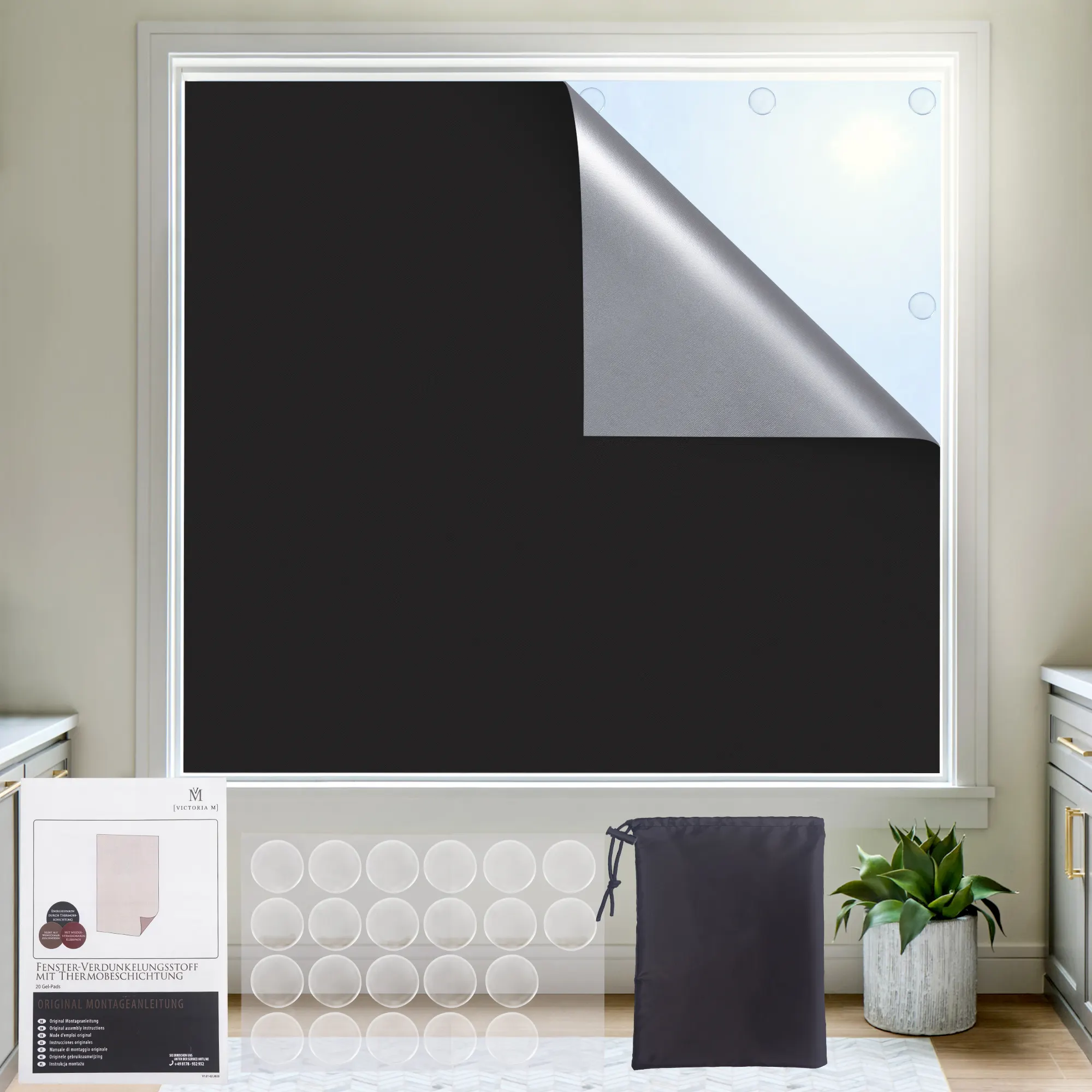 Fenster-Verdunkelungsstoff mit Thermobeschichtung | 22 Gel-Klebepads, 140 x 300 cm, schwarz
