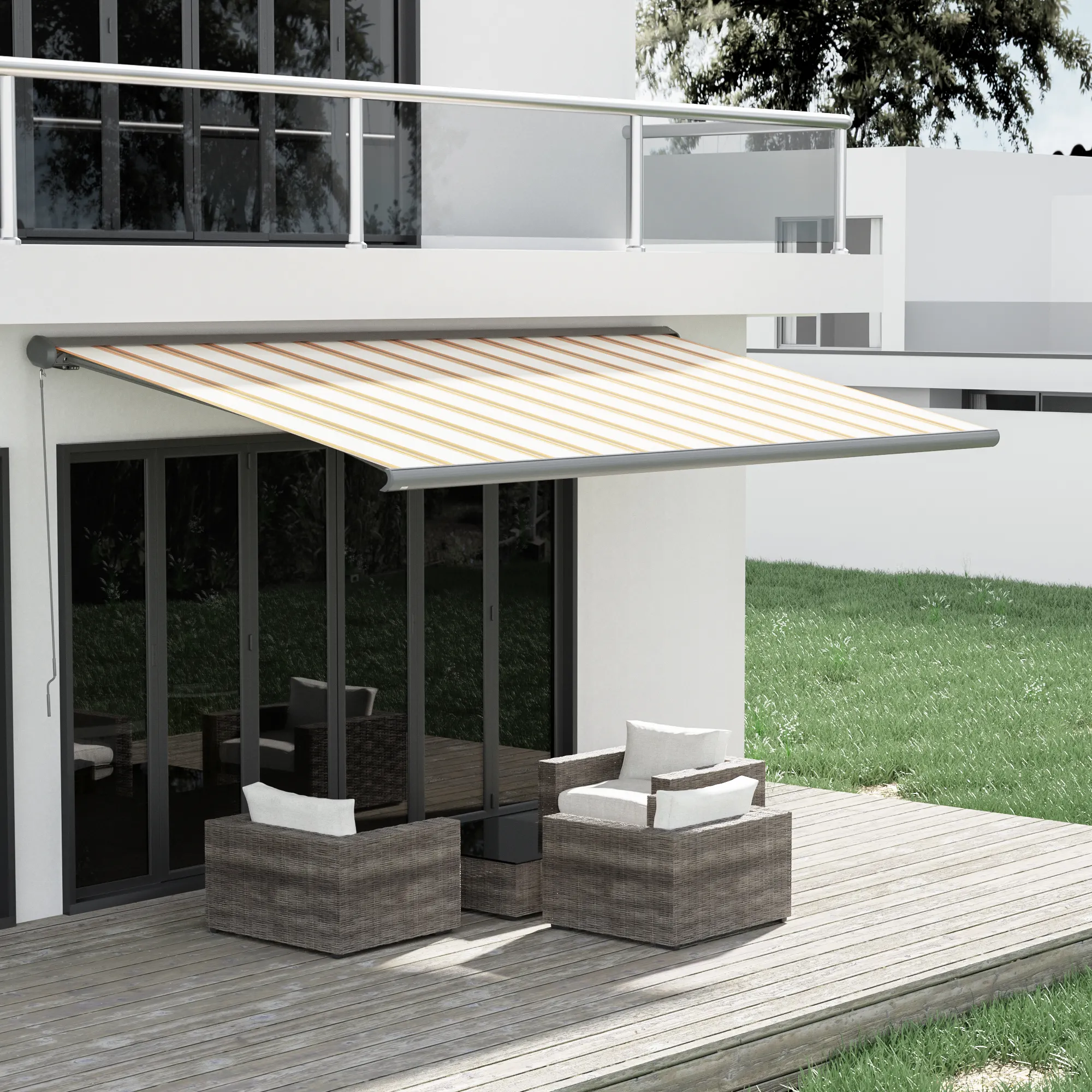 Kassettenmarkise Curve 2000 | 4,45 x 3,5 m / Gestell: anthrazit / Stoff: Multi, sand-orange