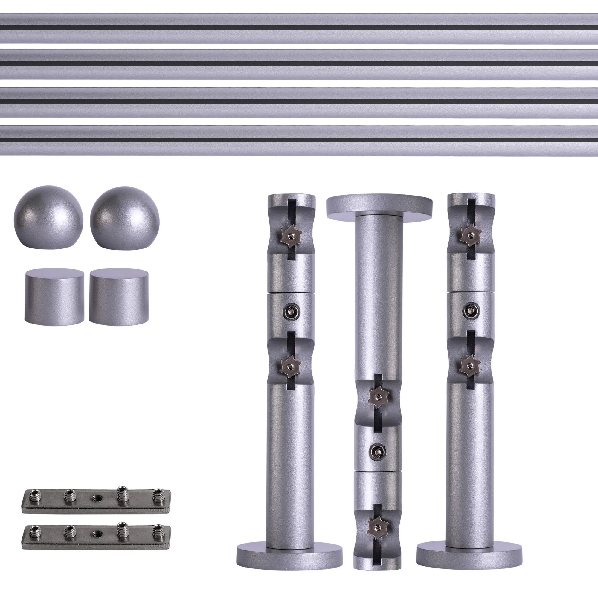Set tringles à rideaux à rail intérieur | 2 rails, ⌀ 19 mm, 240 cm, argenté + Support mural, Boule