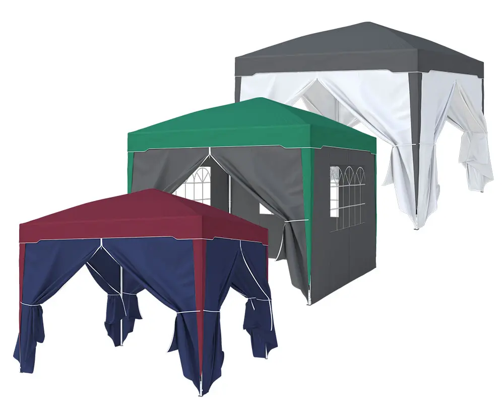 Faltpavillons mit Seitenwänden in verschiedenen Designs und Farben, geeignet für Outdoor-Veranstaltungen