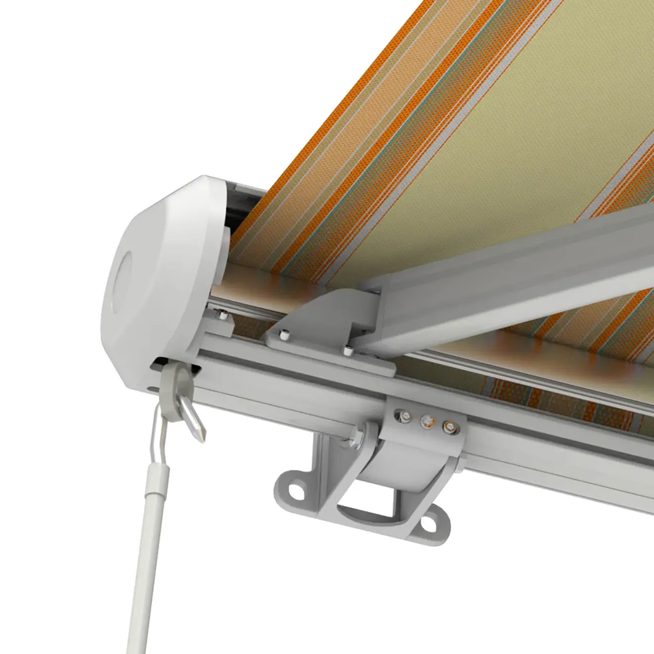 Kassettenmarkise Curve 2000, Detailansicht der Mechanik und Befestigungselemente