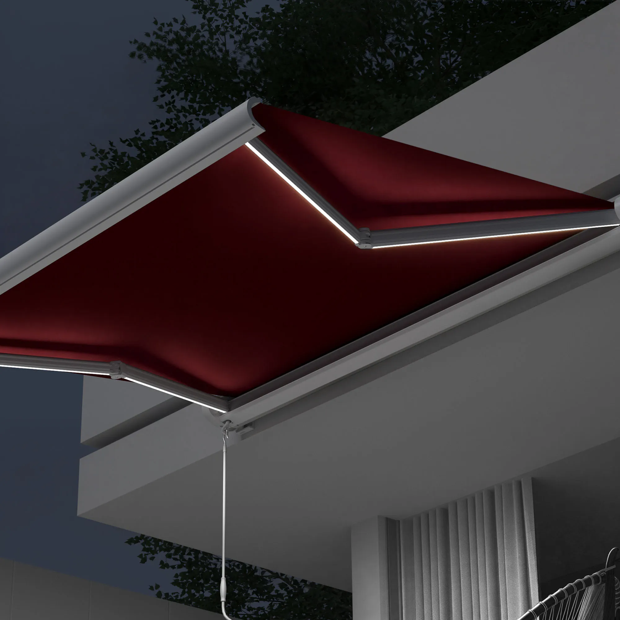 Markiza w kasecie Curve LED | 3,5 x 3 m, biały, tkanina: bordowa, gładka