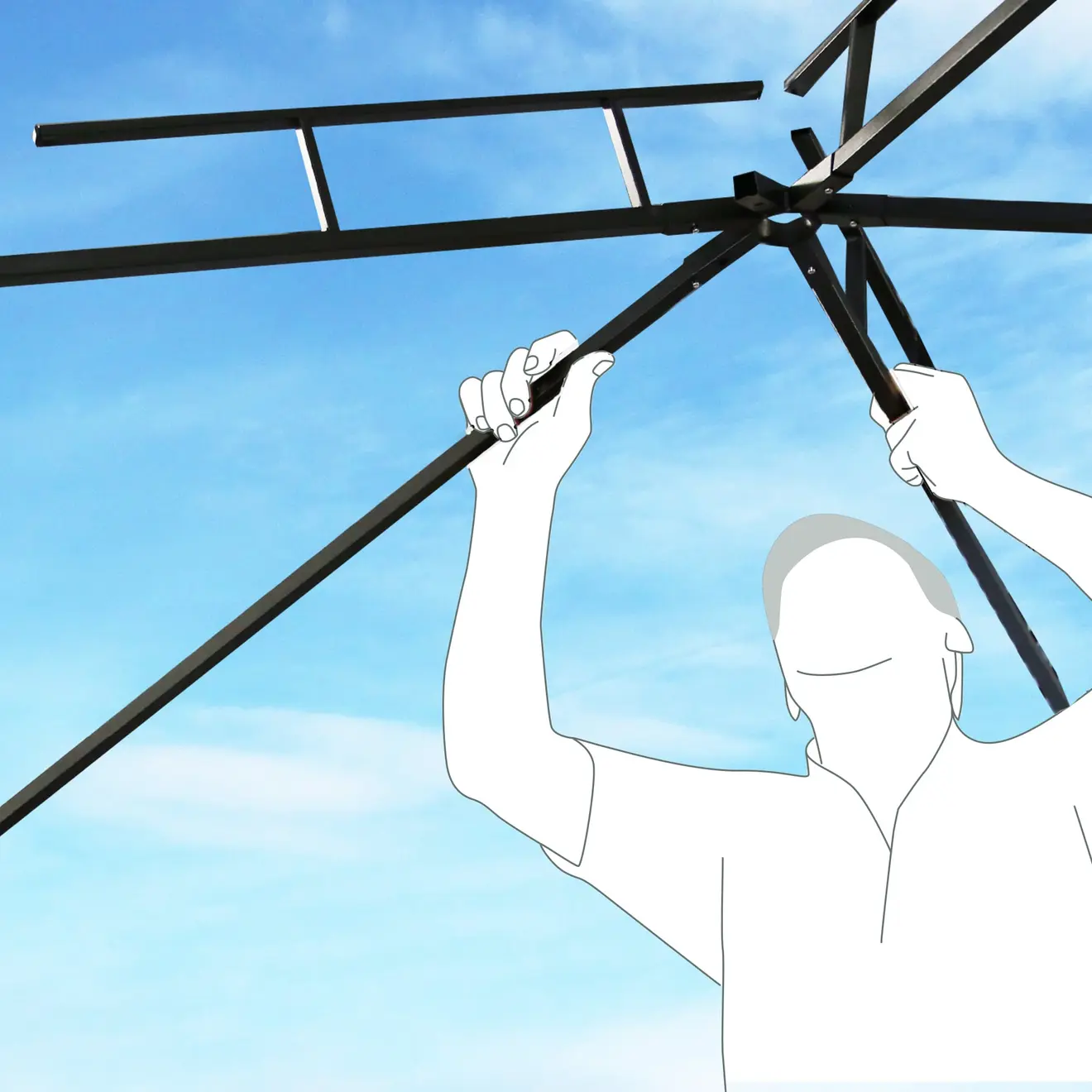 Person montiert Gestänge eines Gartenpavillons unter freiem Himmel