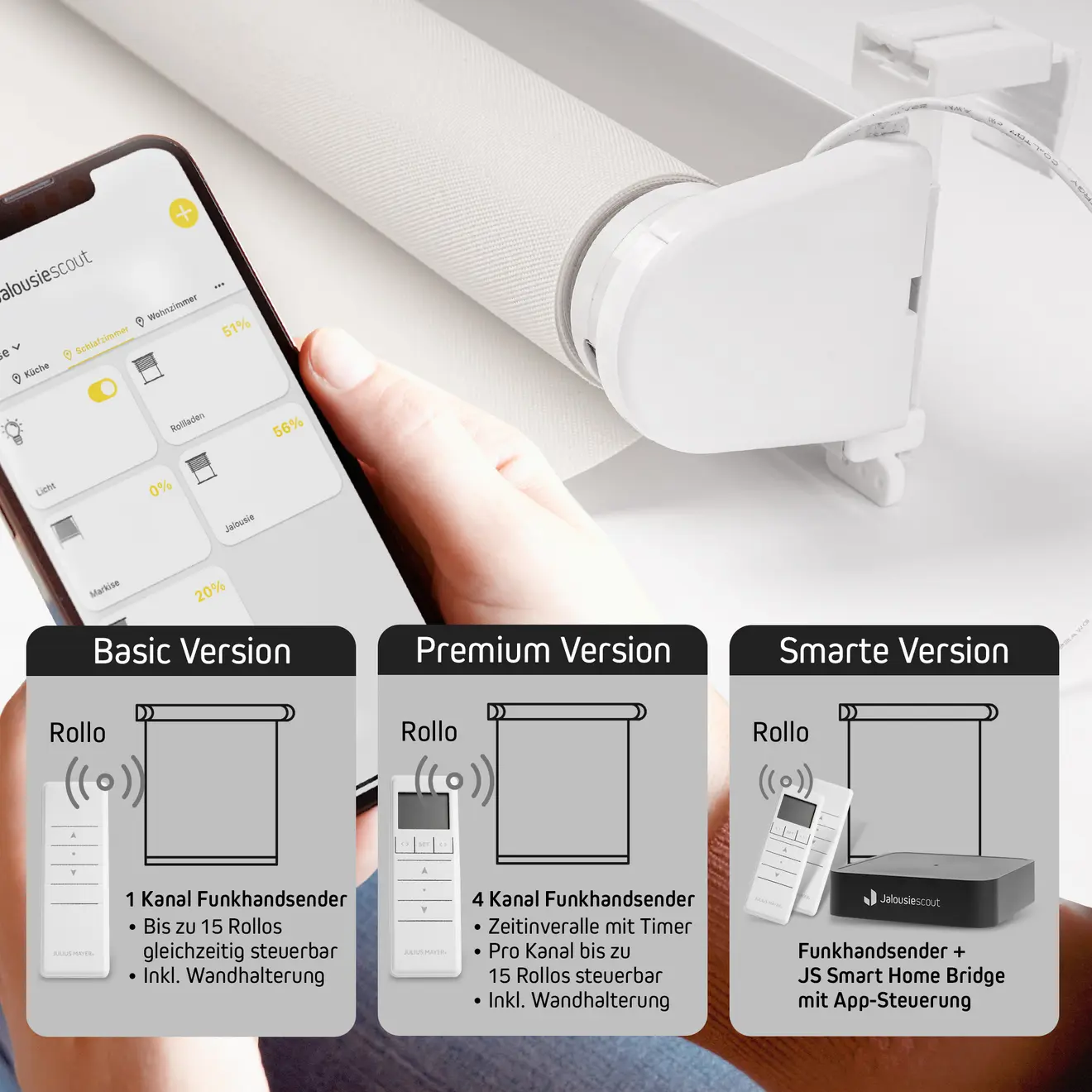 Elektrisches Smart Rollo mit Smartphone-Steuerung und verschiedenen Steuerungsoptionen