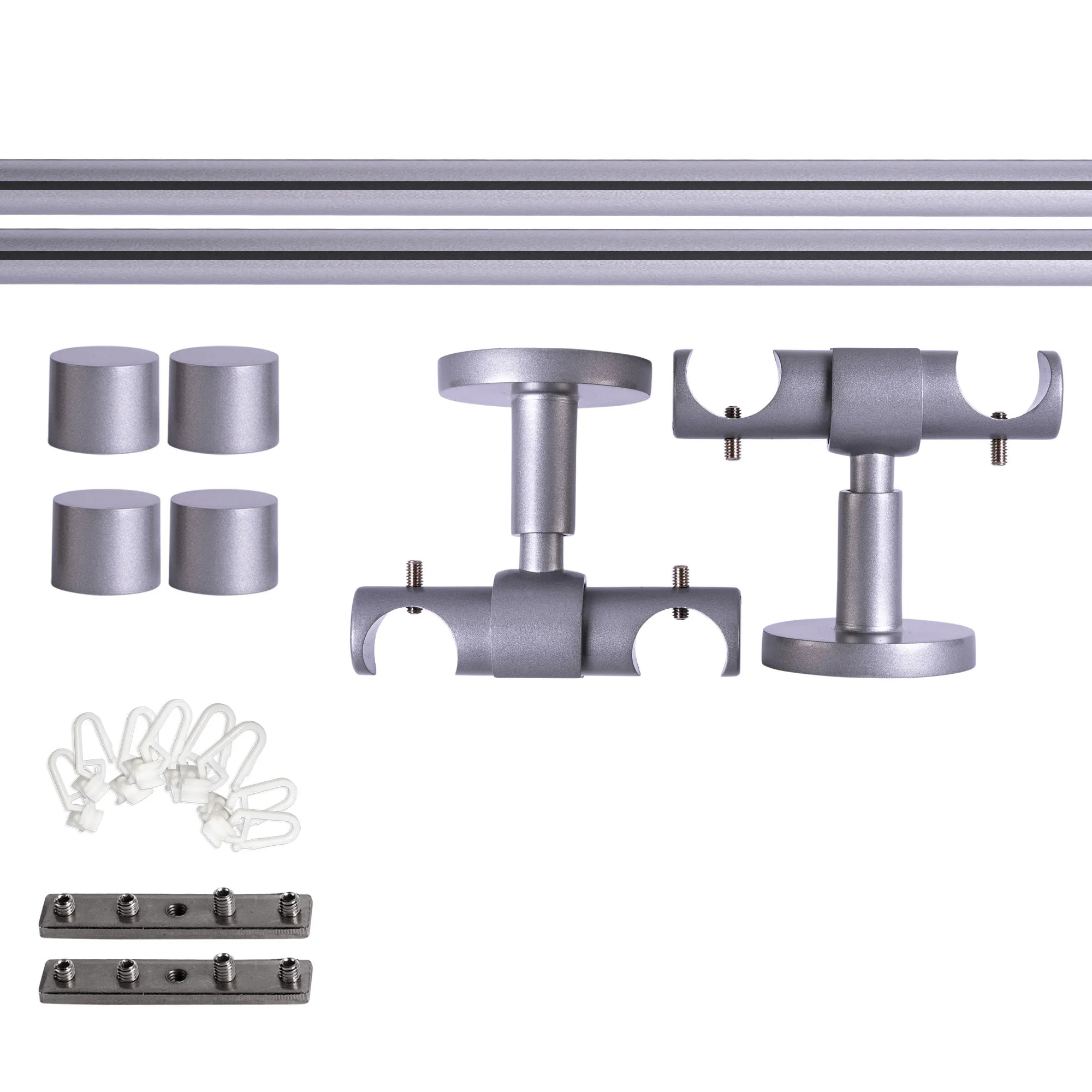 Set tringles à rideaux à rail intérieur | 2 rails, ⌀ 19 mm, 120 cm, argenté + Support plafond, Embout, Glisseur