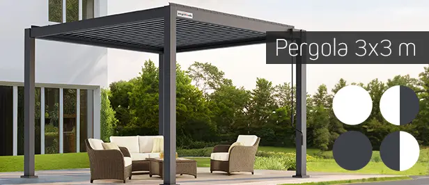 Pergola mit Sitzgruppe im Garten, quadratischer Aufbau, geeignet für Außenbereiche