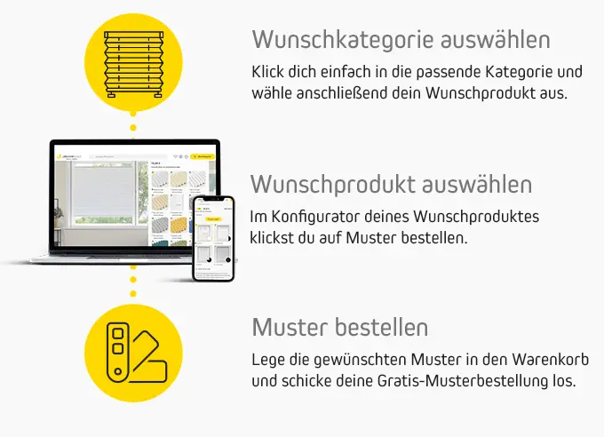 Anleitung zur Auswahl und Bestellung von Produktmustern auf Laptop und Smartphone