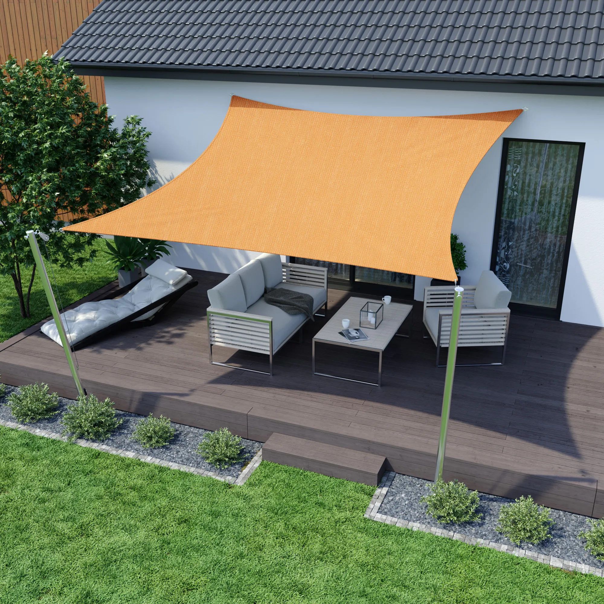 Tenda da sole sopra la terrazza con gruppo di sedute, offre ombra e protezione, materiale traspirante