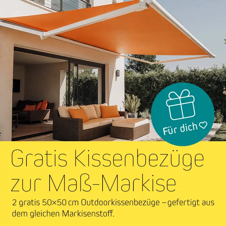 2 Gratis Kissenbezüge (50x50 cm) zu jeder Markise nach Maß – gefertigt aus dem gleichen Markisenstoff.