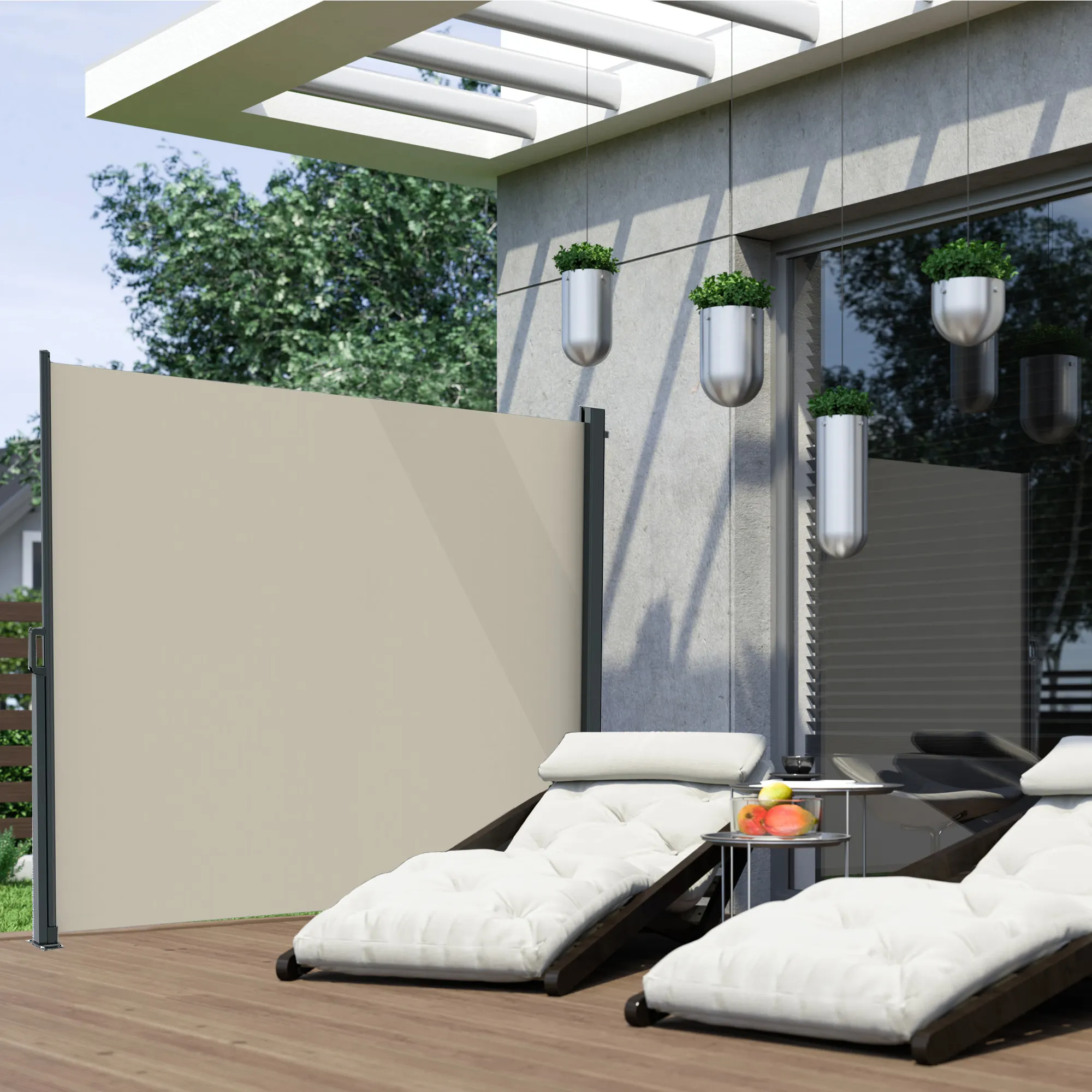 Set di ricambi per tende a caduta laterale su terrazza con lettini e tavolo