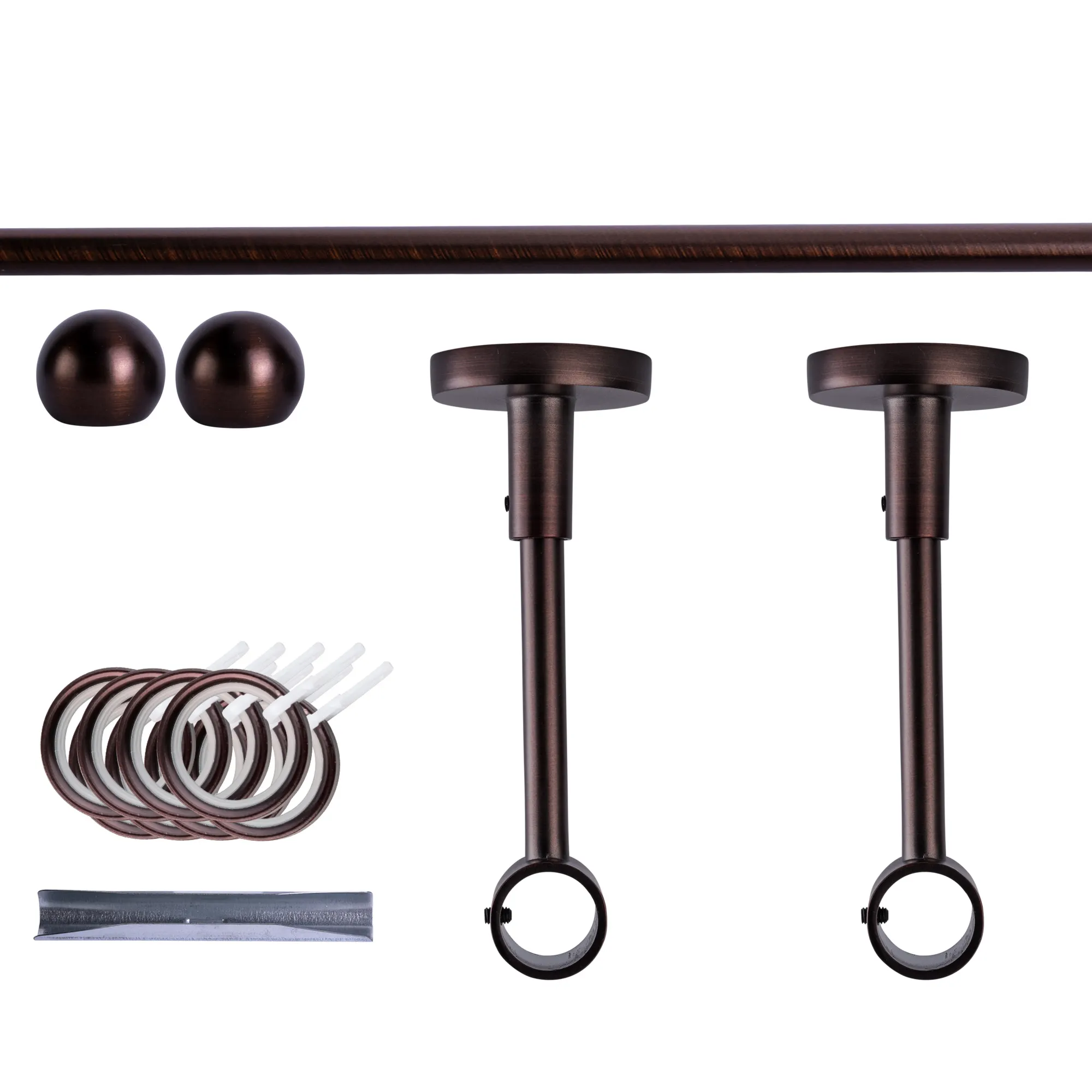 Zestaw karniszy | 1 szyna, ⌀ 19 mm, 120 cm, brązowo-czerwony + Uchwyt sufitowy, Końcówka w kształcie kuli, Pierścień