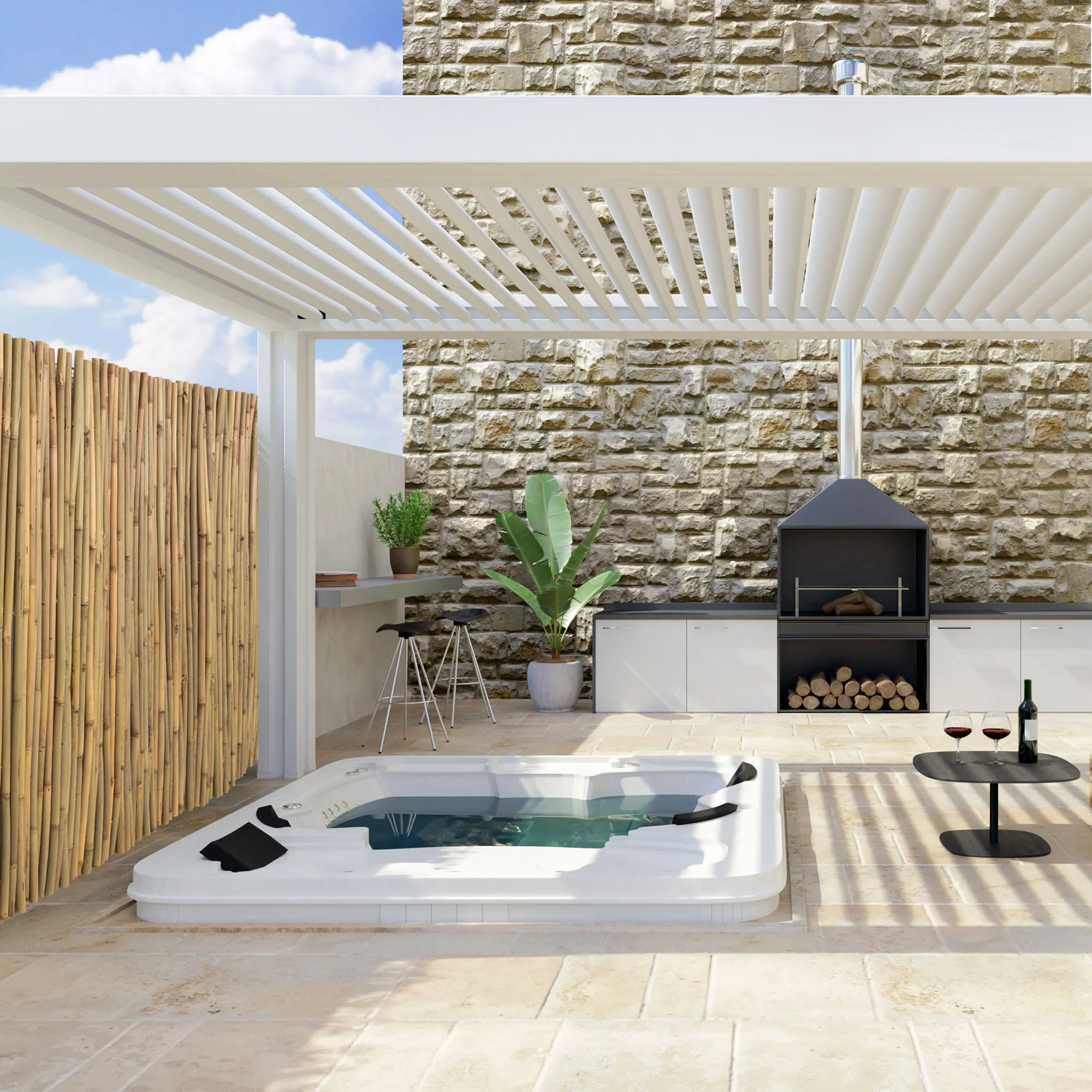 Rete di bambù su terrazza accanto a una vasca idromassaggio e area salotto con pergola