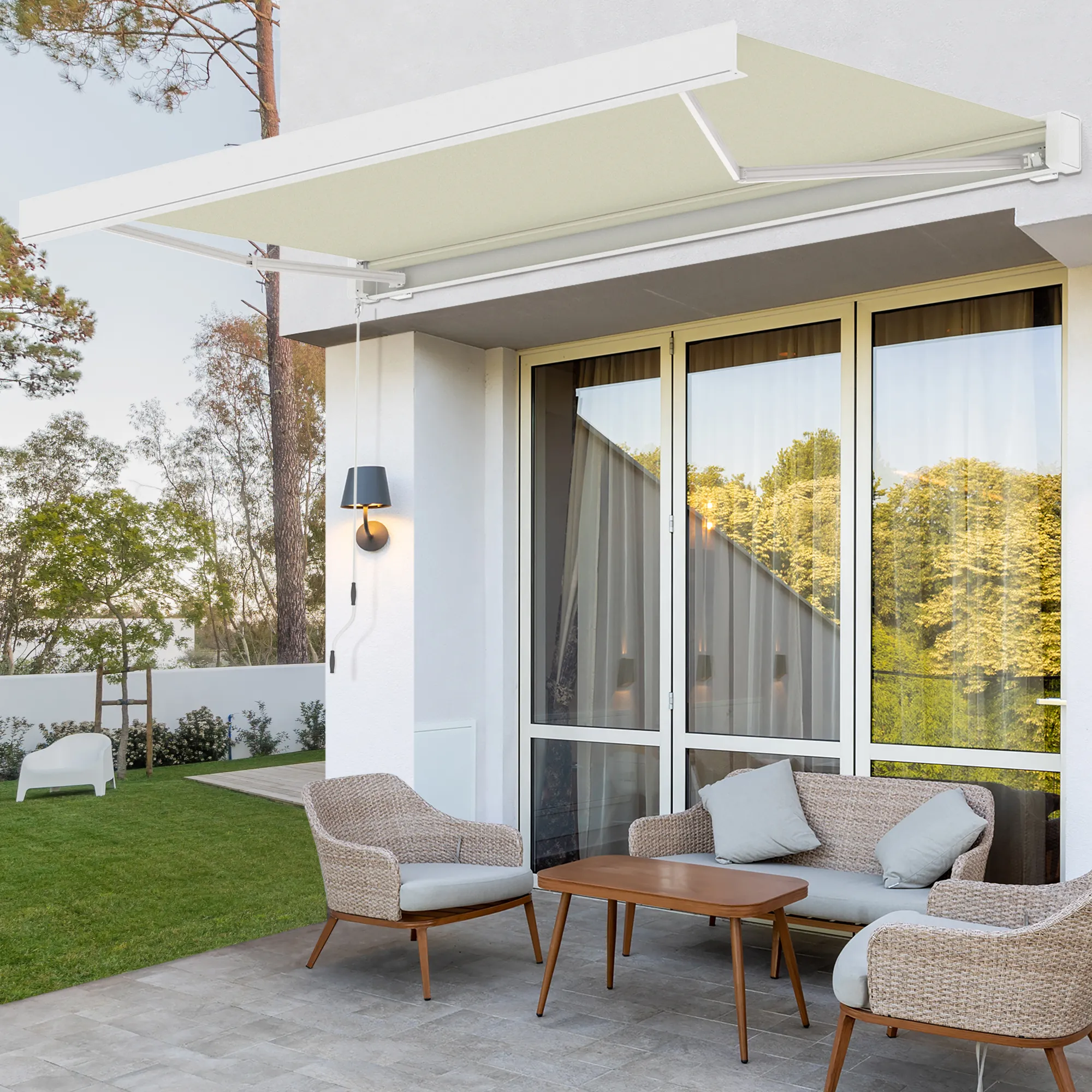 Kassettenmarkise Quadris LED | 3,45 x 3 m, weiß, Stoff: creme, Uni