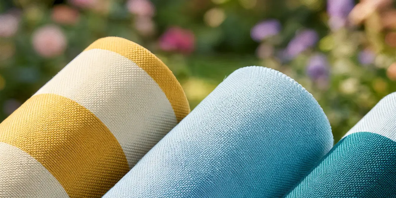 Aufgerollte Markisenstoffe in Gelb-Weiß gestreift und Blau vor unscharfem Gartenhintergrund