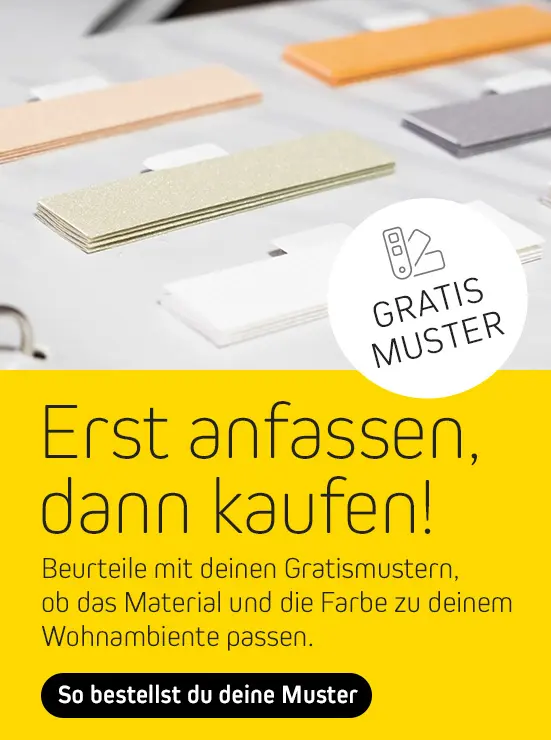 Verschiedene Materialmuster mit Text "Gratis Muster" und Anleitung zur Bestellung
