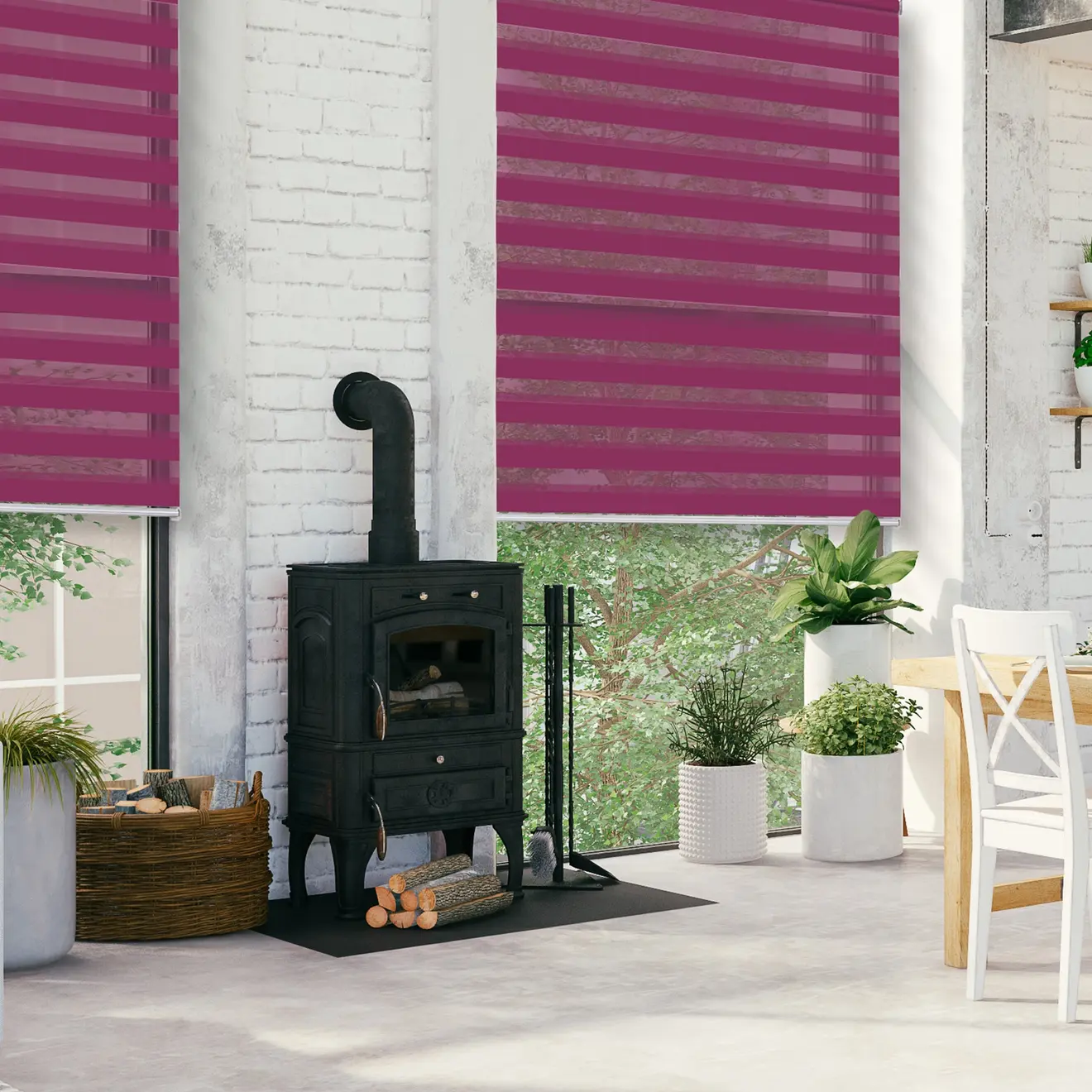 Klemmfix Doppelrollo an Fenstern in modernem Wohnraum mit Ofen und Pflanzen