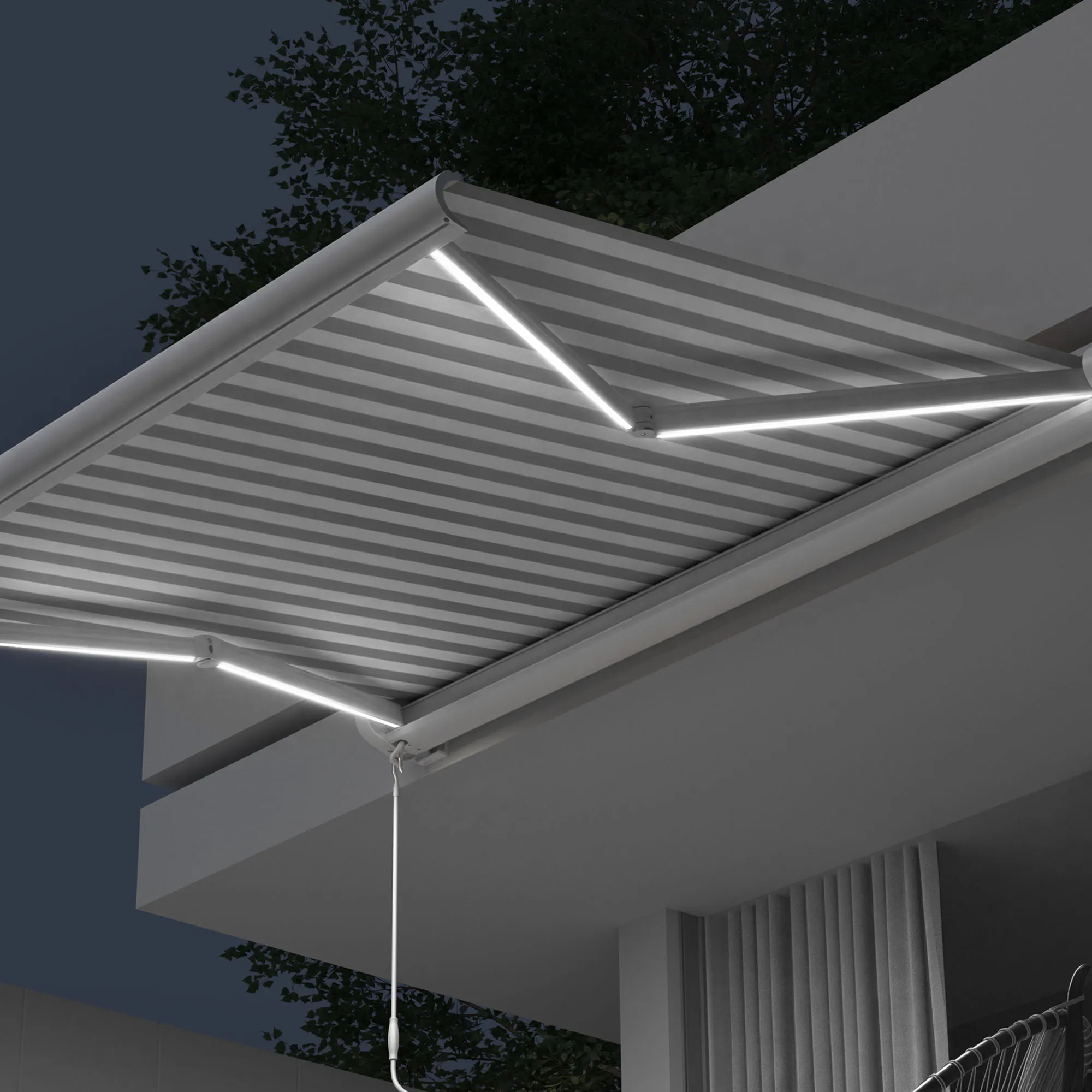 Markiza w kasecie Curve LED | 3,5 x 3 m, biały, tkanina: szaro-biała, w pasy