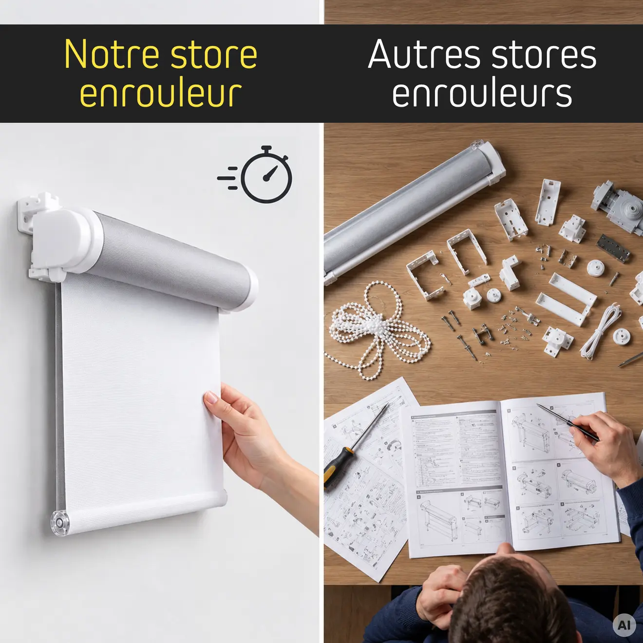 Comparaison avec texte « Unser Rollo » et « Andere Rollos », store enrouleur monté à gauche, pièces à droite