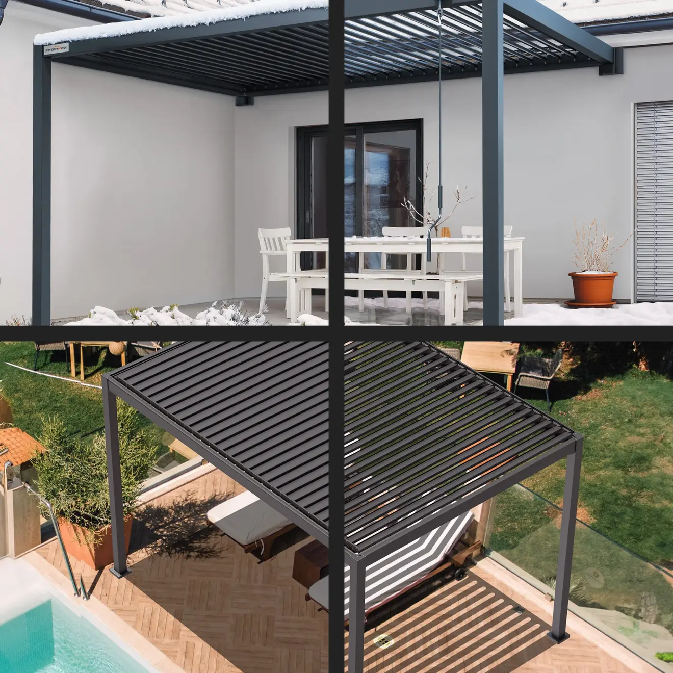 Pergola mit Lamellendach, freistehend und an Hauswand montiert, für Außenbereich geeignet