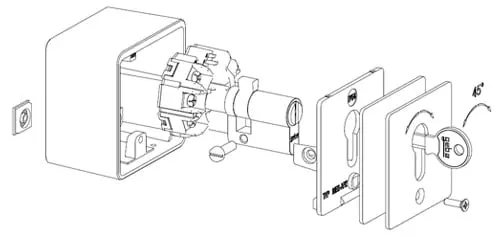 Explosionszeichnung eines Schlüsselschalters zur Aufputzmontage mit drei Schlüsseln