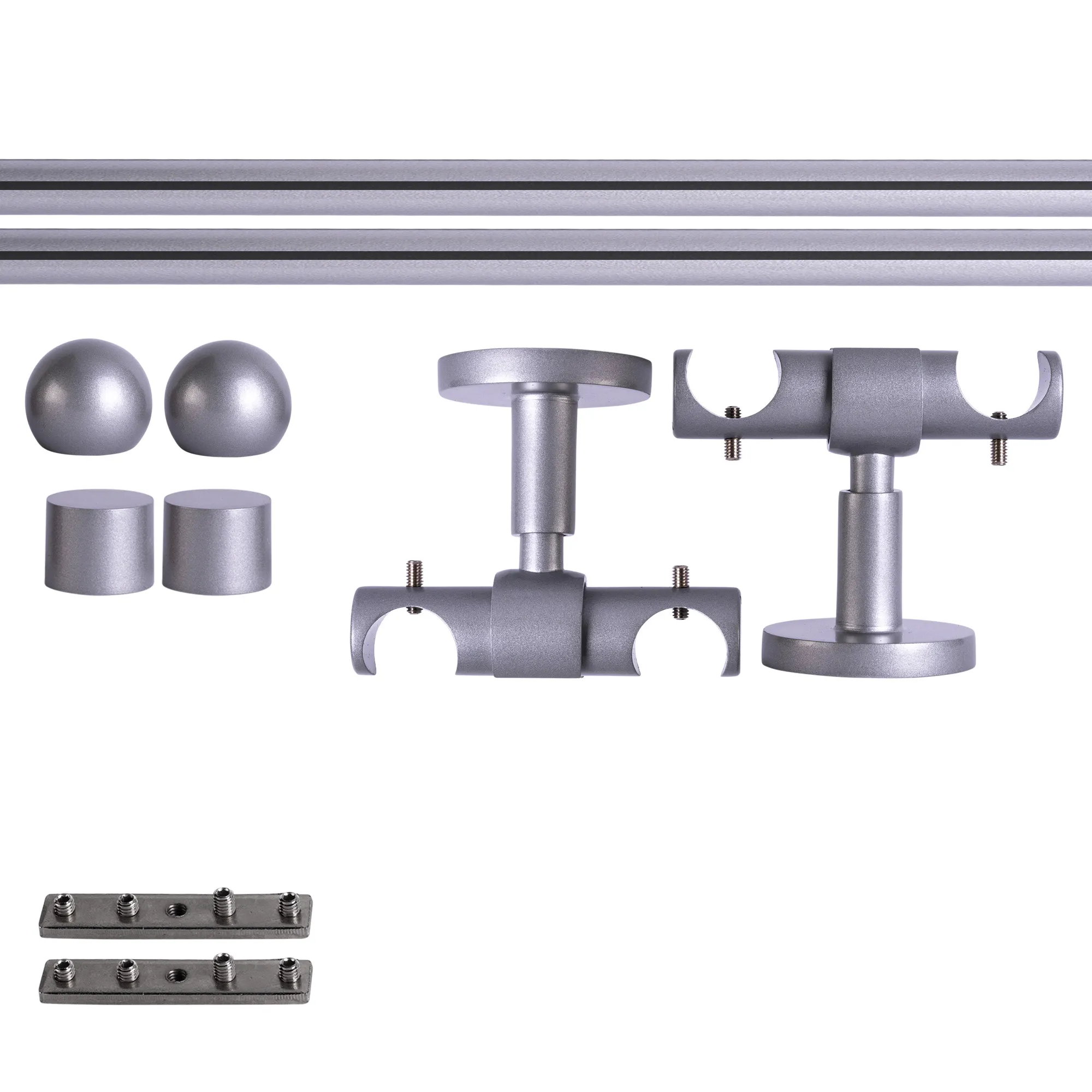 Set tringles à rideaux à rail intérieur | 2 rails, ⌀ 19 mm, 120 cm, argenté + Support plafond, Boule