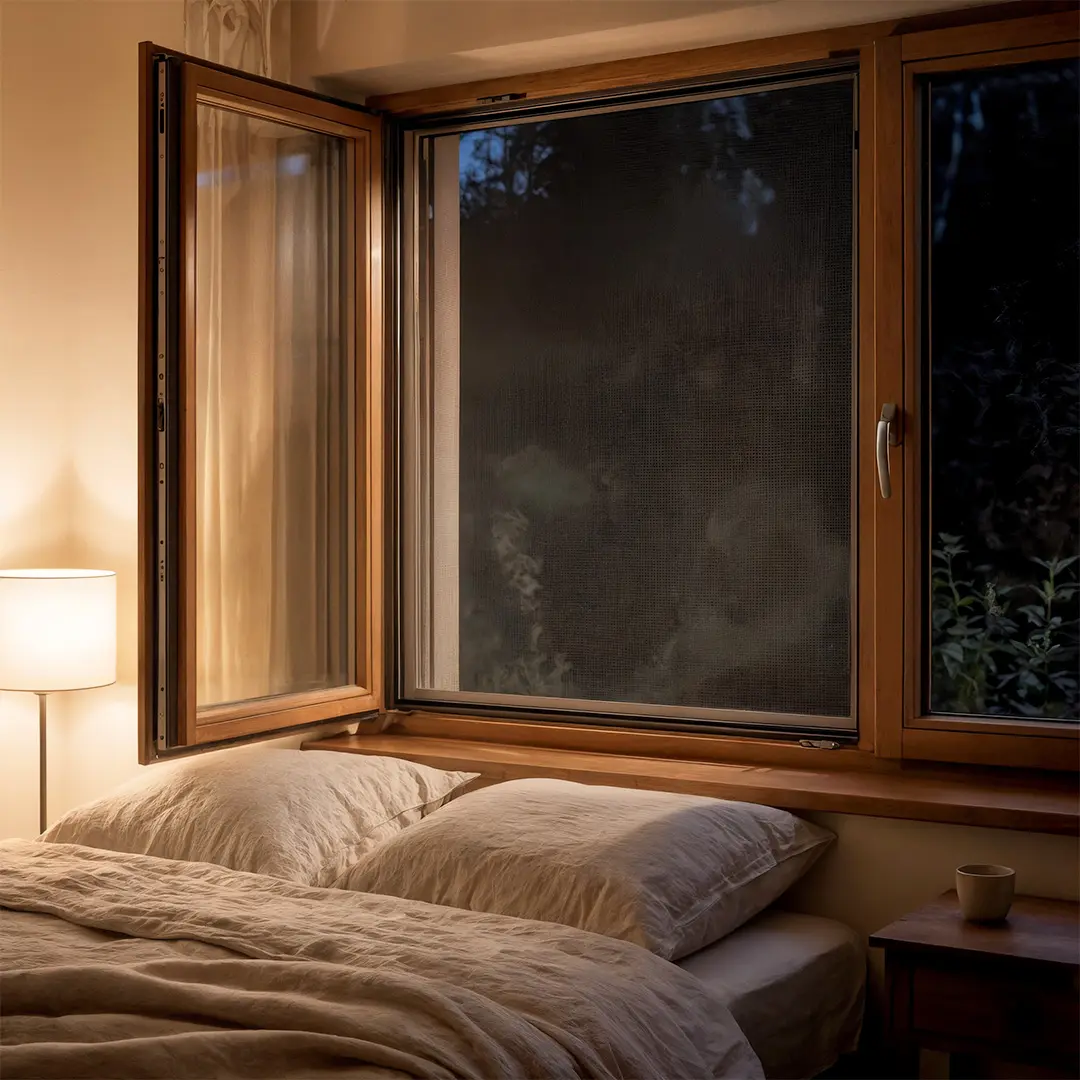 Offenes Schlafzimmerfenster mit Lampe an.