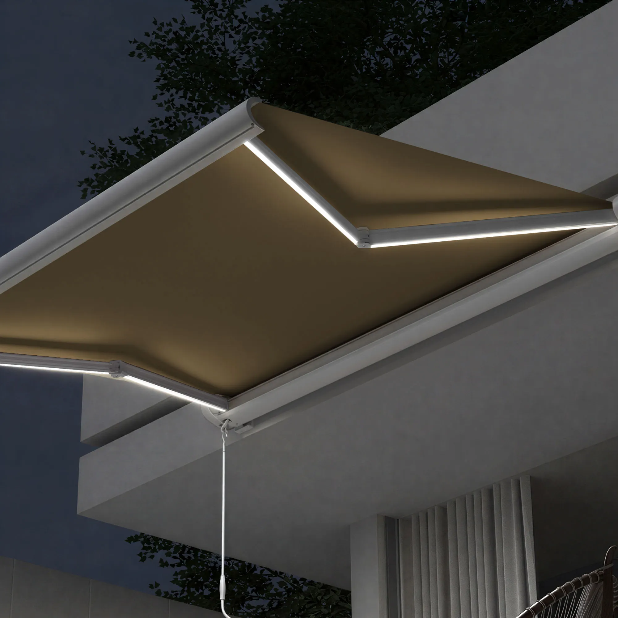 Markiza w kasecie Curve LED | 3,5 x 3 m, biały, tkanina: toffee, gładka