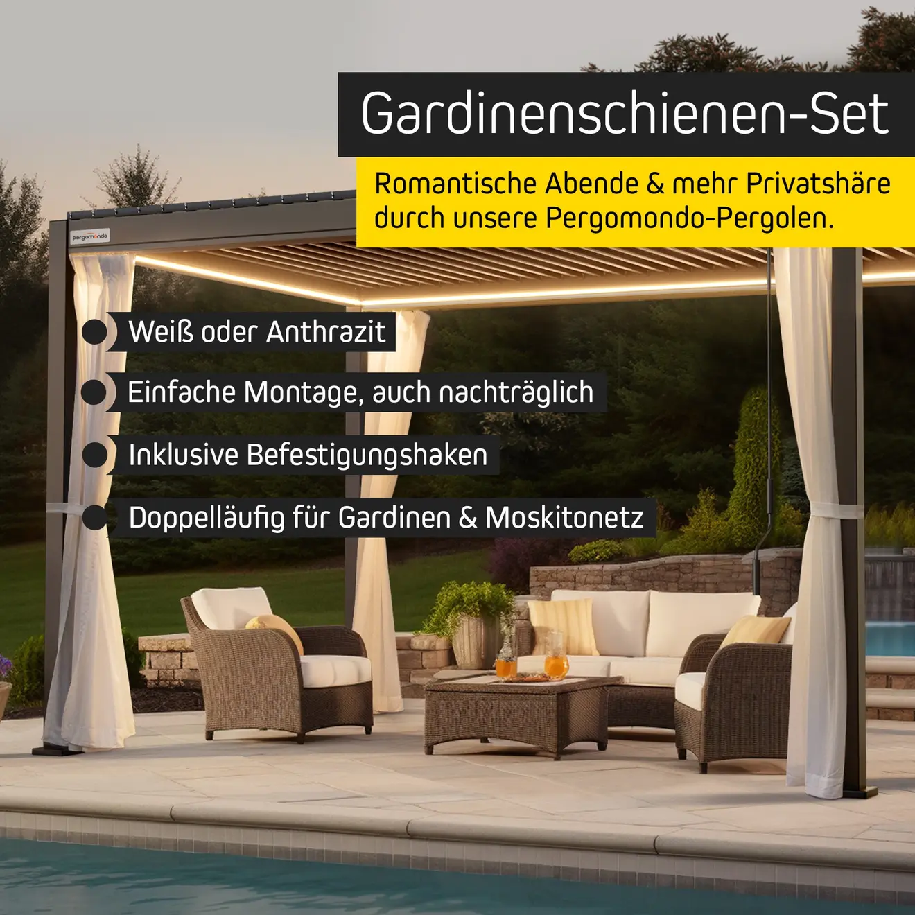 Gardinenschienenset für Pergola mit Lamellendach, doppelläufig für Gardinen und Moskitonetz