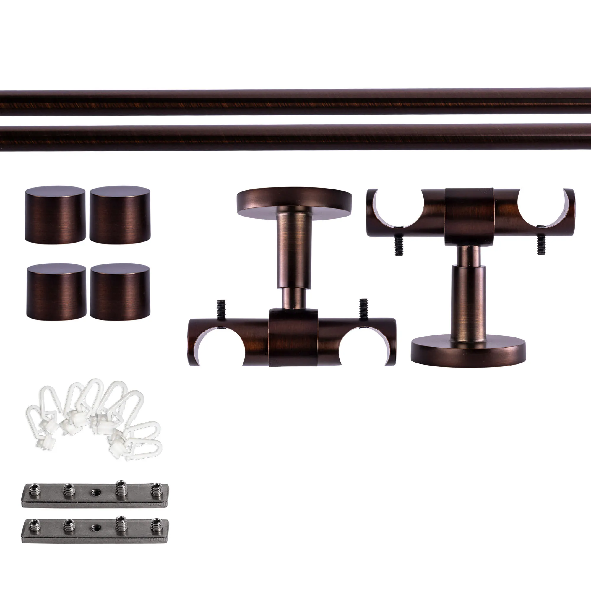 Set tringles à rideaux à rail intérieur | 2 rails, ⌀ 19 mm, 120 cm, rouge-bronze + Support plafond, Embout, Glisseur