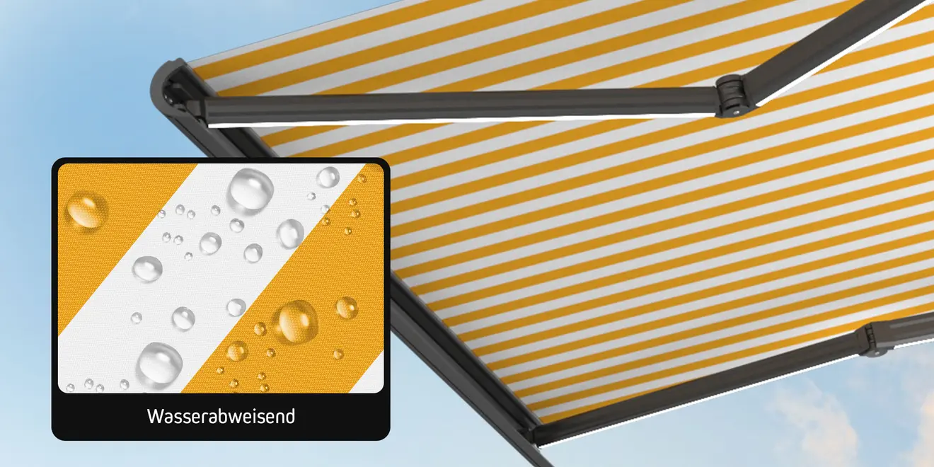 Markise mit gestreiftem Stoff und Detailansicht des wasserabweisenden Materials