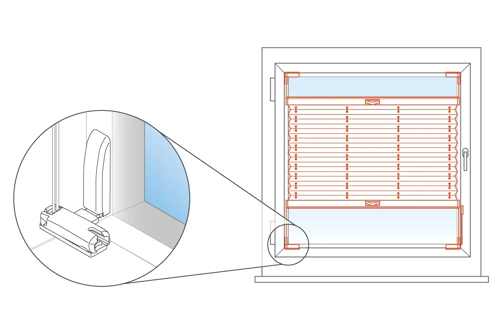 Schema eines Plissees an einem Fenster mit Detailansicht der Befestigungselemente