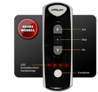 Telecomando con display e tasti per selezione canale, su, stop, giù