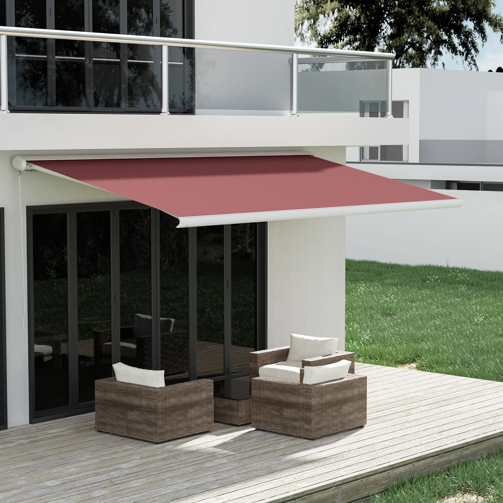 Kassettenmarkise Curve 2000 | 3,95 x 3 m / Gestell: weiß / Stoff: Uni, weinrot