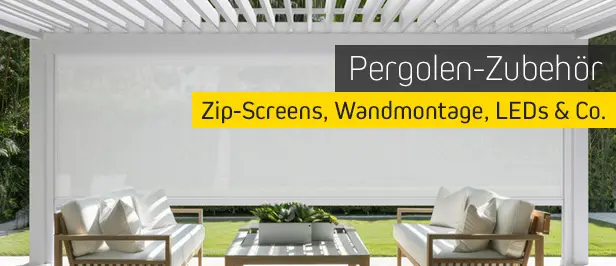 Pergola mit Sitzbereich und Zubehör wie Zip-Screens und LEDs
