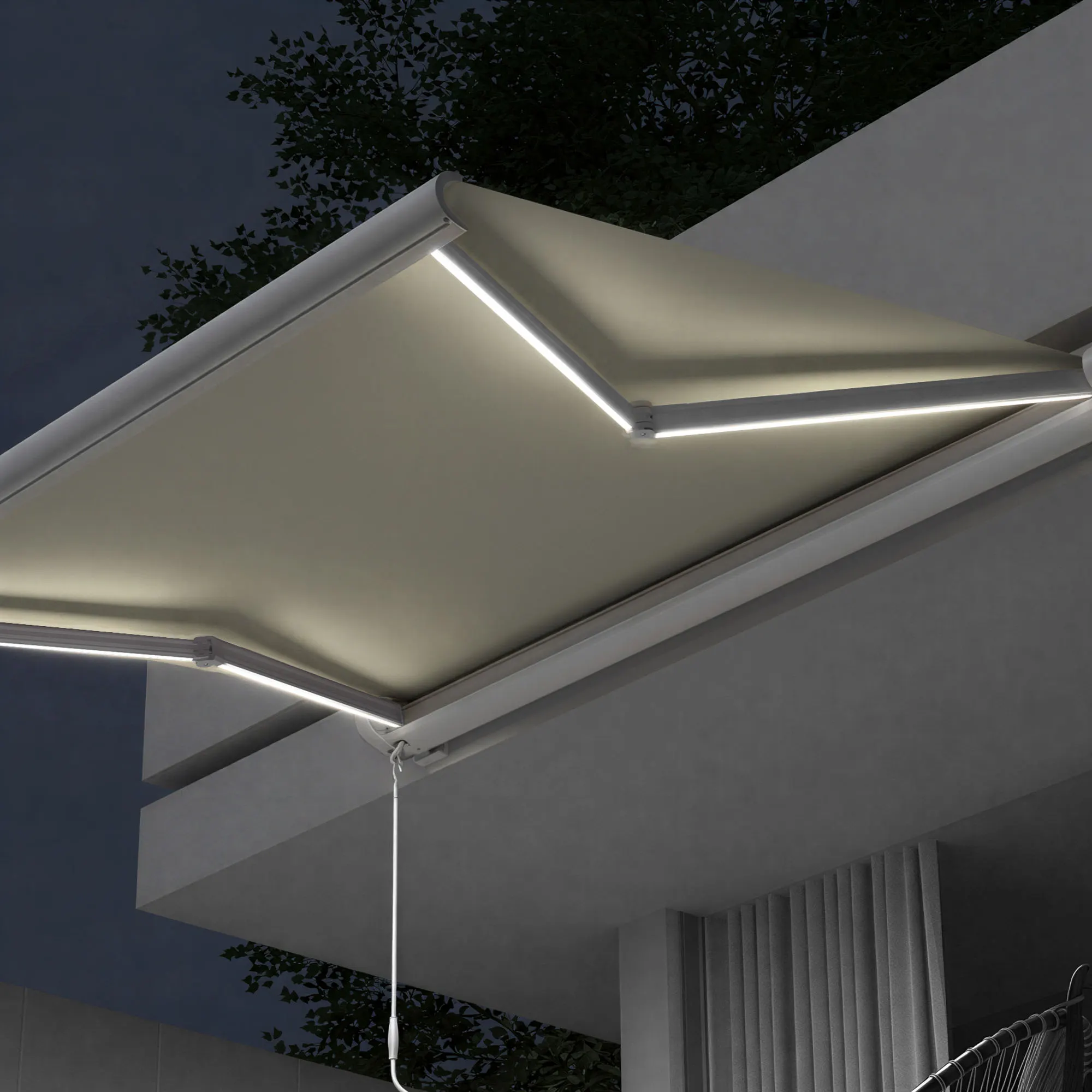 Markiza w kasecie Curve LED | 3,5 x 3 m, biały, tkanina: kremowa, gładka