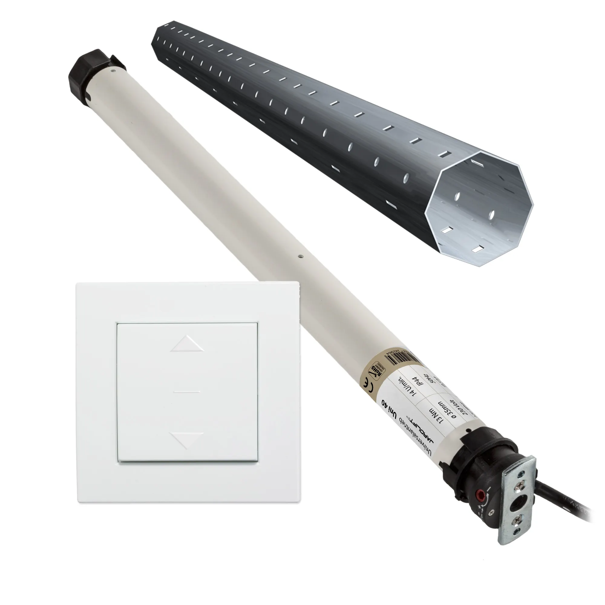 Motor para persiana Universel | UNI40 (13 Nm / SW40) + Interruptor basculante de diseño + Kit eje para cajón exterior 1
