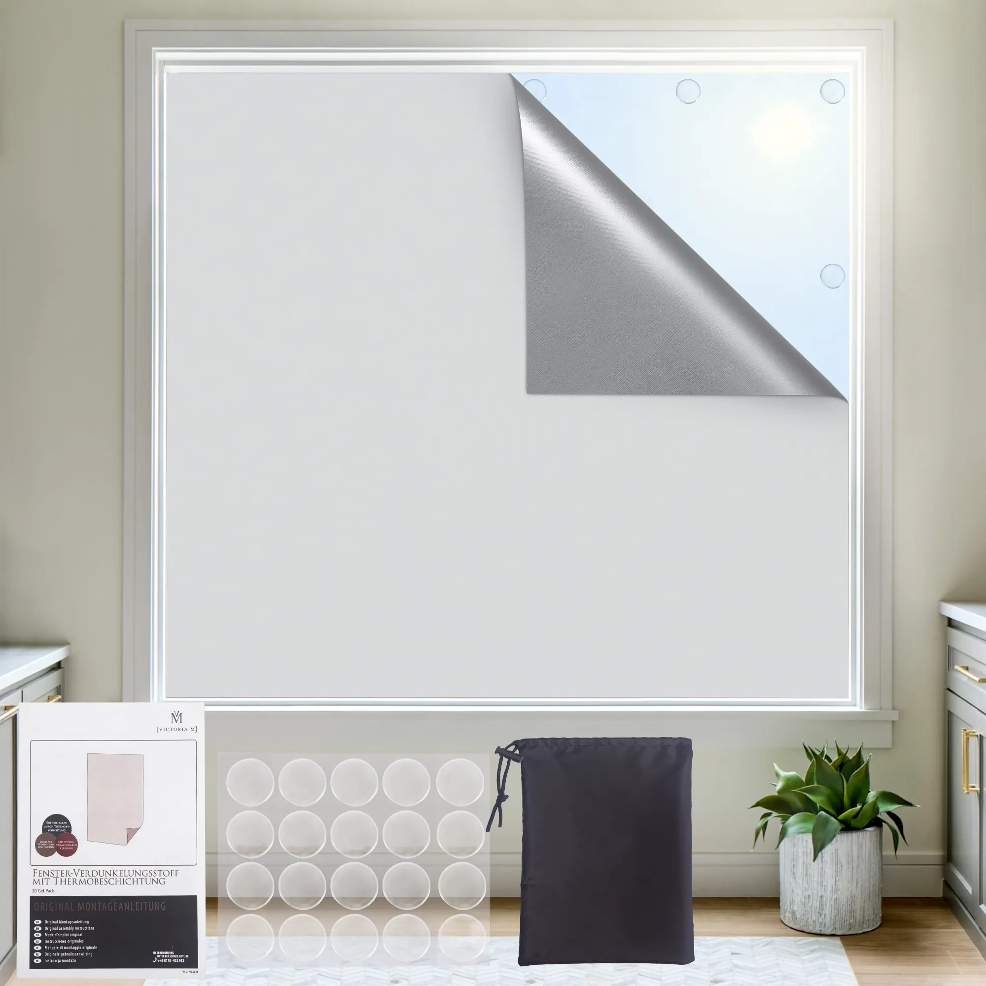 Fenster-Verdunkelungsstoff mit Thermobeschichtung | 20 Gel-Klebepads, 140 x 200 cm, weiß