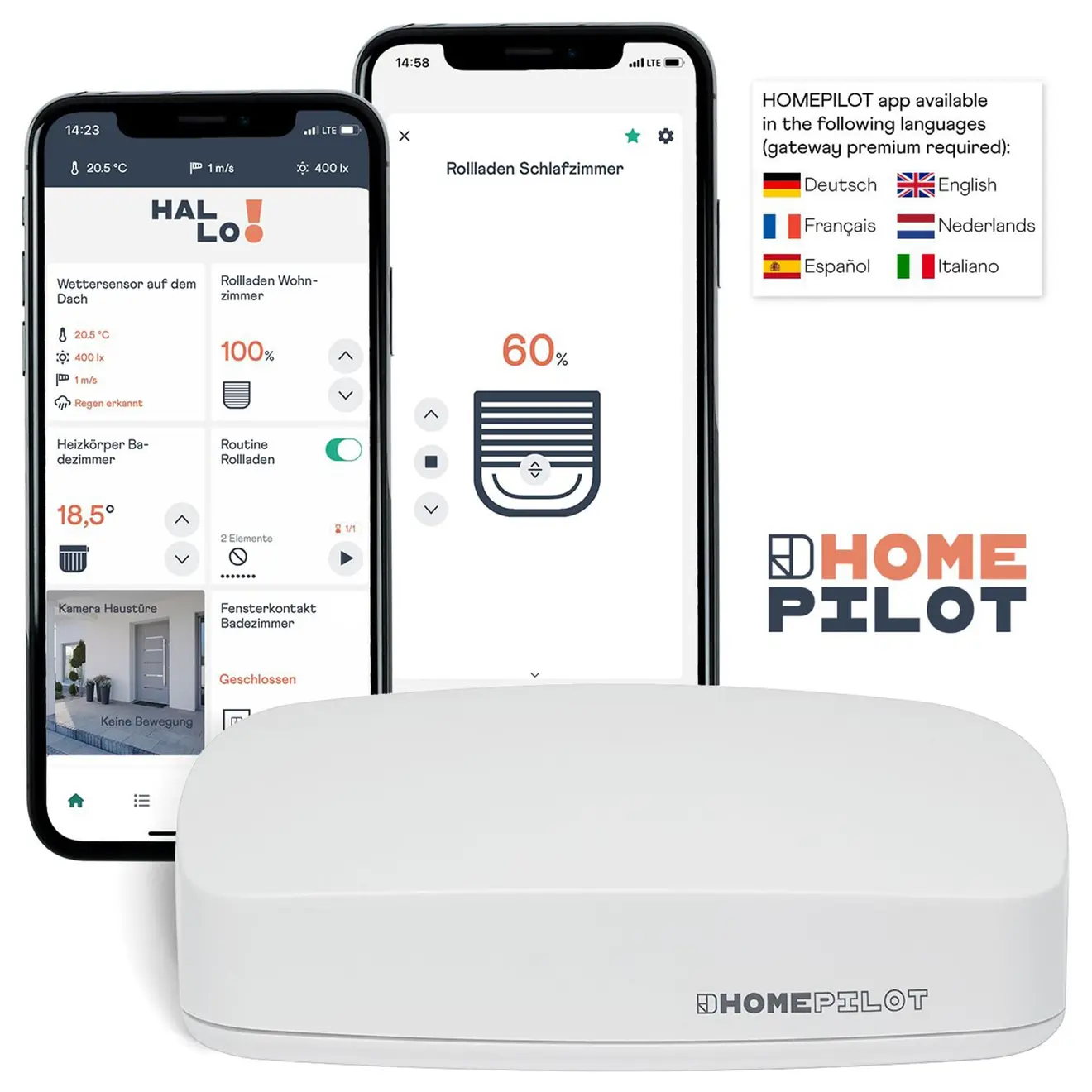 Smartphone mit Rollladensteuerungs-App und Rollladenmotorsteuergerät