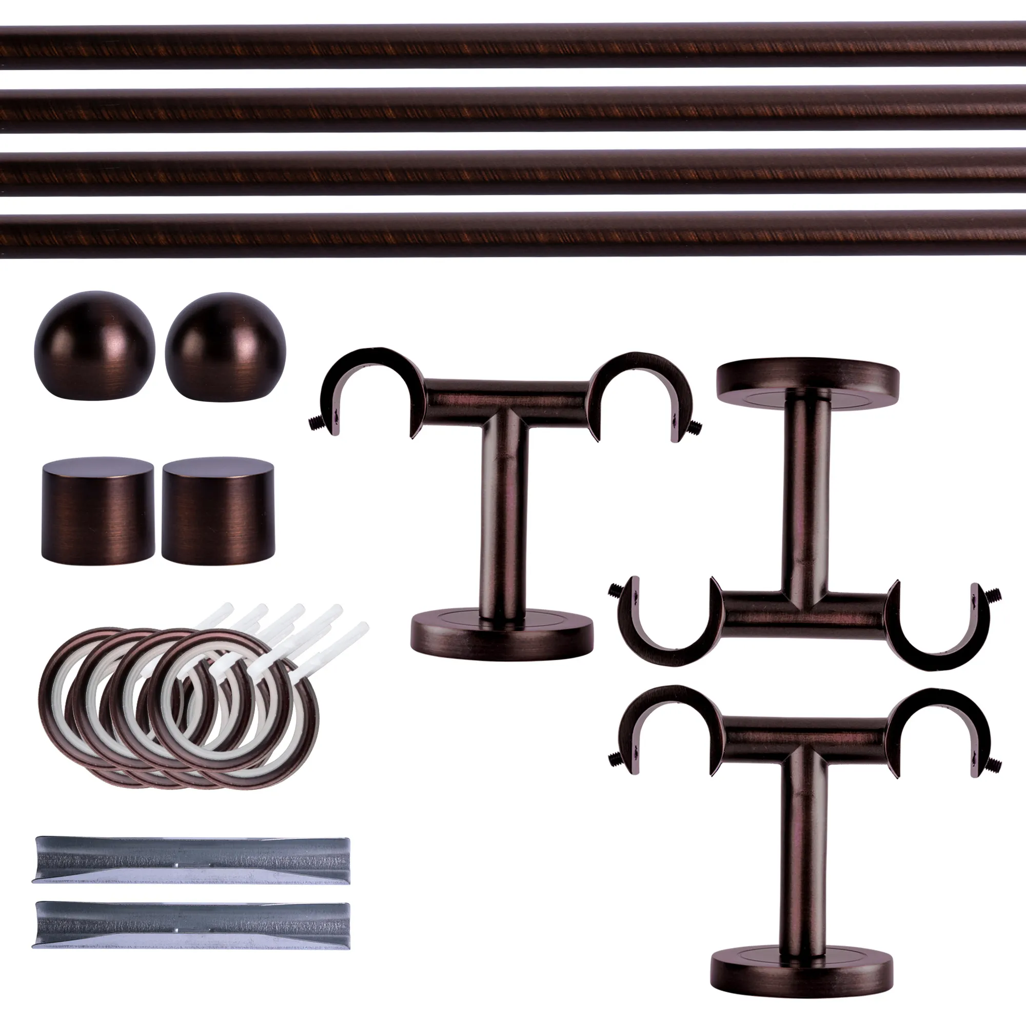 Zestaw karniszy | 2 szyny, ⌀ 19 mm, 360 cm, brązowo-czerwony + Uchwyt sufitowy, Końcówka w kształcie kuli, Pierścień