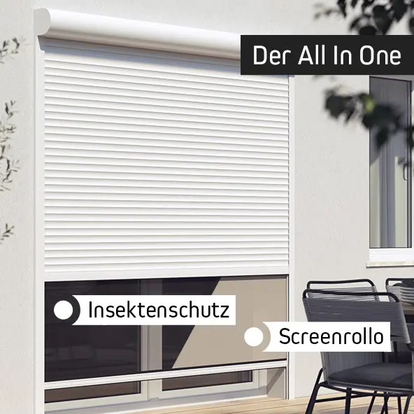 Außenrollladen mit integriertem Insektenschutz und Screenrollo an einem Fenster