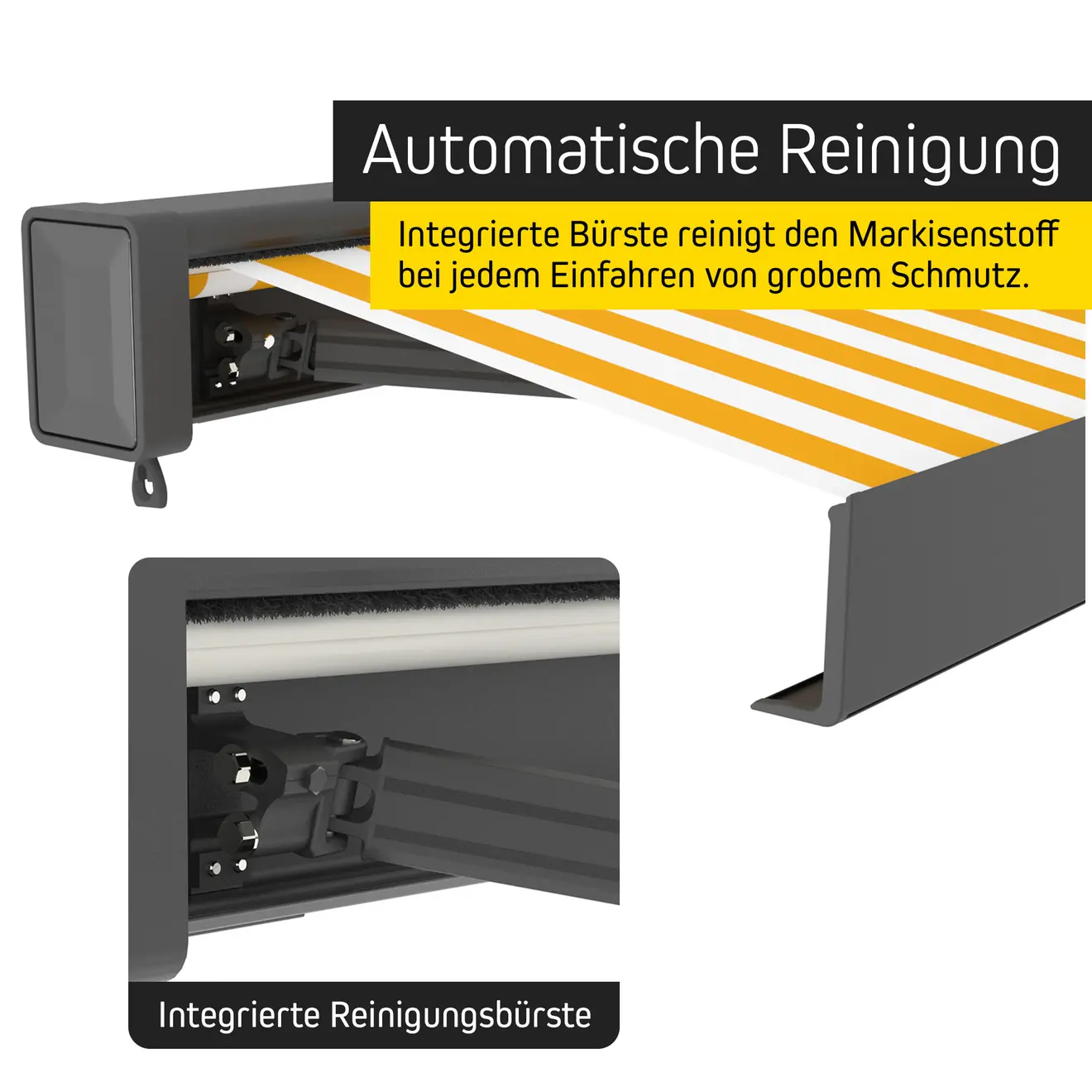Kassettenmarkise mit LED und integrierter Reinigungsbürste für automatisches Säubern