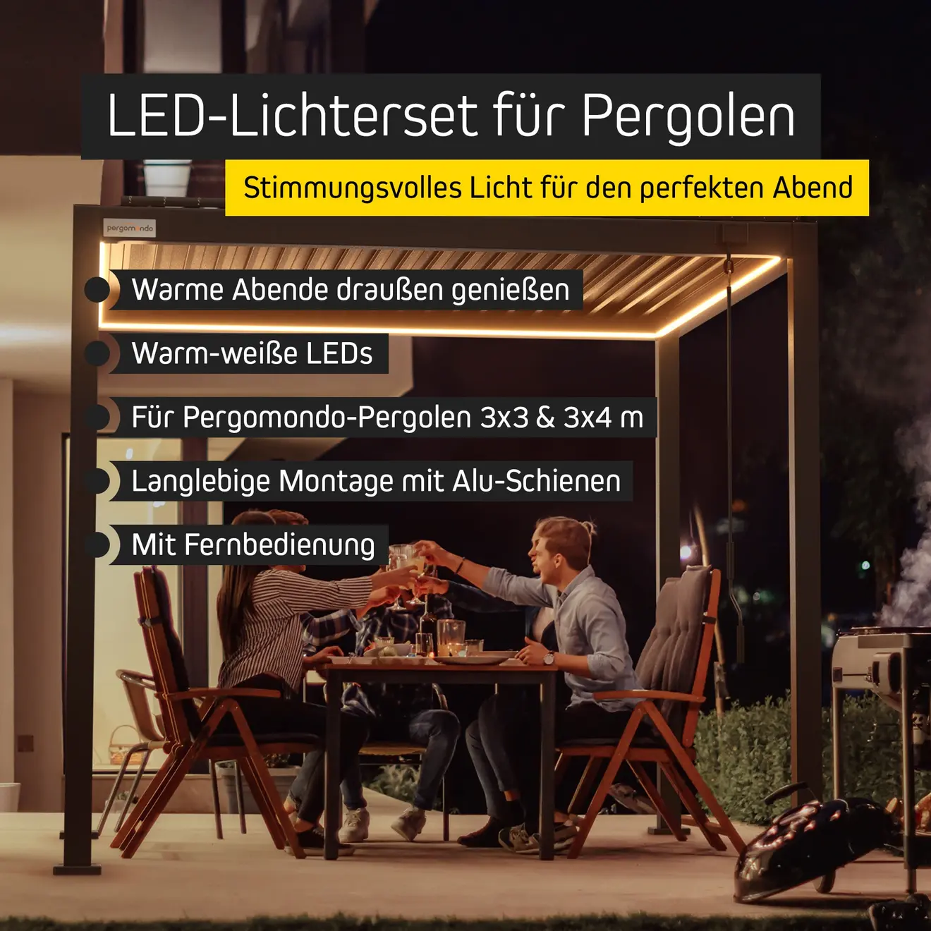 LED-Lichterset für Pergola mit Lamellendach, montiert, beleuchtet, Personen sitzen darunter