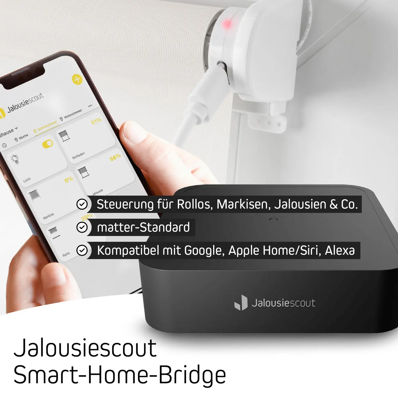 Smartphone steuert elektrisches Smart Rollo, verbunden mit Smart-Home-Bridge und App-Steuerung