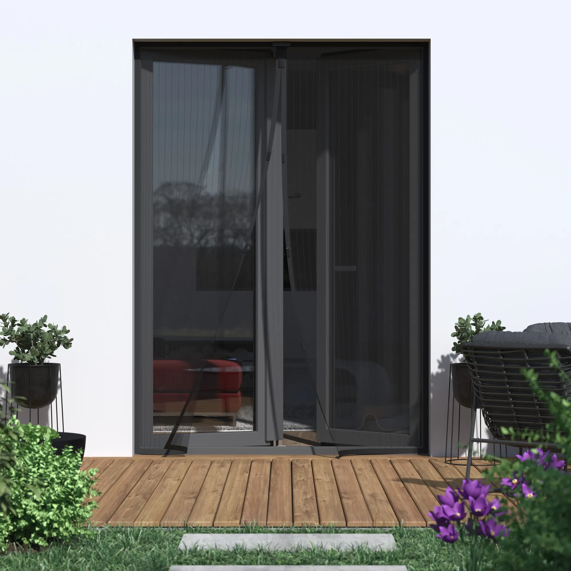 Tenda a rete magnetica su una porta, consente un passaggio facile e protezione dagli insetti